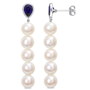7-7.5MM Cultured Freshwater Pearl and 2 1/3 CT TGW Created Blue Sapphire
Earrings in Sterling Silver