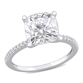 3-1/2 CT DEW Created Moissanite and 1/10 CT TW Diamond Engagement Ring
in 14K White Gold