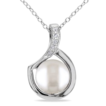 9-9.5MM Freshwater Cultured Pearl and Diamond Pendant with Chain in
Sterling Silver