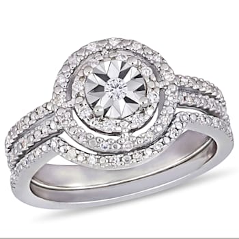 1/4 CT TW Diamond Halo Split Shank Bridal Set in Sterling Silver