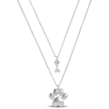 Paw and Bone Charm Double Strand Necklace in Sterling Silver