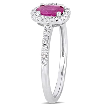 5/8 CT TGW Ruby and 1/8 CT TW Diamond Halo Engagement Ring in 10K White Gold