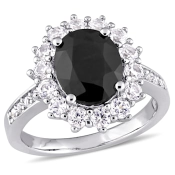 4 3/4 CT TGW Black Sapphire and Created White Sapphire Halo Ring in
Sterling Silver