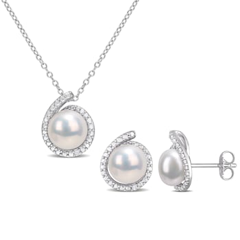 8-8.5MM Freshwater Cultured Pearl and Diamond Accent Earrings and
Pendant Set in Sterling Silver