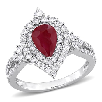 1 1/3 CT TGW Ruby and 3/4 CT TW Diamond Double Halo Ring in 14K White Gold