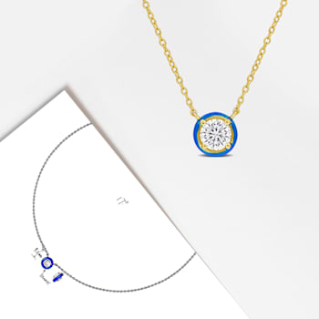 3/4 CT TGW Moissanite with Blue Enamel Halo Solitaire Necklace in Yellow
Plated Sterling Silver