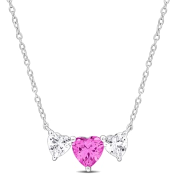2 5/8 CT TGW Created Pink Sapphire Triple Heart Necklace in Sterling Silver