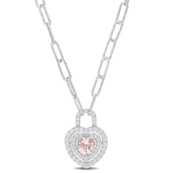 1 3/8 CT TGW Morganite and Created White Sapphire Double Halo Heart Lock
Necklace in Sterling Silver