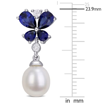 8-8.5MM Cultured Pearl with Created Blue and White Sapphire Butterfly
Earrings in Sterling Silver