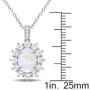 2 CT TGW Opal White Topaz and Diamond Halo Pendant With Chain in
Sterling Silver