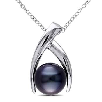 9.5-10MM Black Tahitian Cultured Pearl Crisscross Pendant with Chain in
Sterling Silver