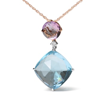 18K Two-tone Gold Cushion Cut Blue Topaz and Round Pink Amethyst with
Diamond Accent Dangle Pendant