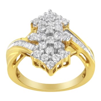 10K Yellow Gold Round And Baguette Cut Diamond Cluster Ring (1 1/10
Cttw, H-I Color, SI2-I1 Clarity)