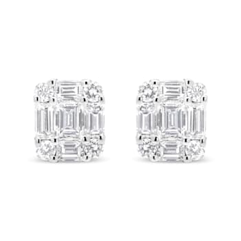 18K White Gold 7/8 Cttw Round and Emerald-Cut Composite Diamond Mosaic
Cluster Stud Earrings