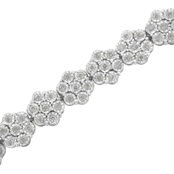 Sterling Silver 2.0ctw Diamond 7 Stone Floral Cluster Link Bracelet