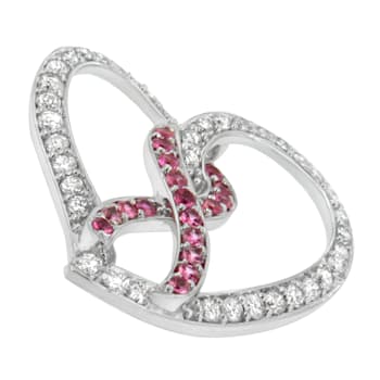 14K White Gold Diamond and Lab Created Pink Sapphire Awareness Ribbon
& Open Heart Pendant w\chain