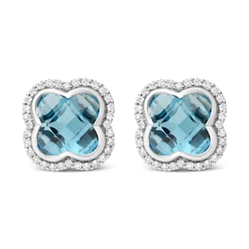 18K White Gold Clover Cut Blue Topaz Gemstone with Round Diamonds Halo
Stud Earrings