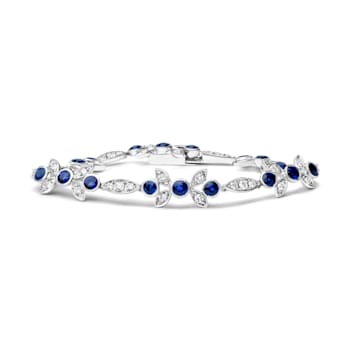 18K White Gold Round Blue Sapphire and Round Diamonds Floral Design Link Bracelet