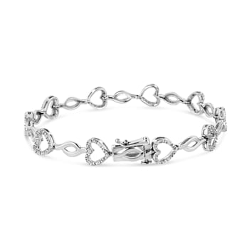 Sterling Silver .25ctw Round-Cut Diamond Alternating Heart and Leaf Link Bracelet