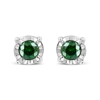 Sterling Silver Rose Cut Treated Green Diamond Solitaire Stud Earrings 0.25ctw