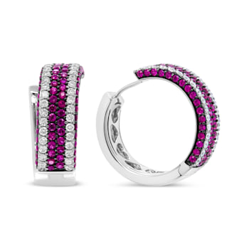 18K White Gold 1 7/8 Cttw Diamond and 1mm Round Red Ruby Open Swish Hoop Earrings