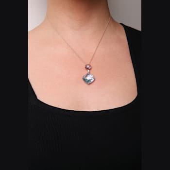 18K Two-tone Gold Cushion Cut Blue Topaz and Round Pink Amethyst with
Diamond Accent Dangle Pendant