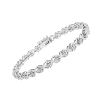 Sterling Silver Round Diamond Accent Floral Cluster and "X"
Link Bracelet