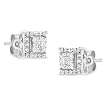 Sterling Silver 1/4ctw Princess and Round Cut Diamond Halo Stud Earrings