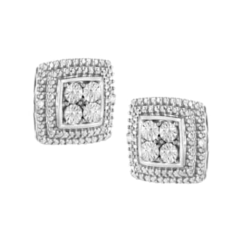 Diamond Accented Square-Shaped Sterling Silver Milgrain Stud Earrings
