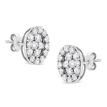 Sterling Silver 1 1/2ctw Round-Cut Diamond Oval Shaped Stud Earrings