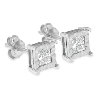 Sterling Silver 1/2ctw Miracle Set Princess-cut Diamond Solitaire Stud Earrings