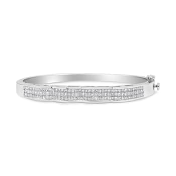 14K White Gold 3 1/3ctw Invisible Set Princess-Cut Diamond Wave Bangle Bracelet