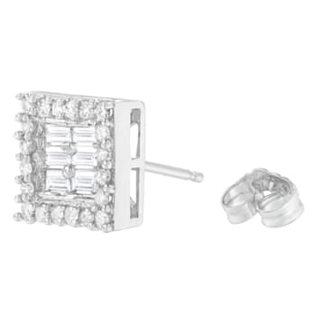 14K White Gold 1.0ctw Round and Baguette Diamond Stud Earrings