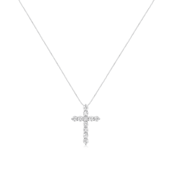 Sterling Silver 1.0ctw Round-Cut Diamond Cross 18" Pendant w\chain