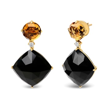 18K Yellow Gold Round Citrine and Cushion Cut Onyx Gemstone with Diamond
Accent Dangle Earrings