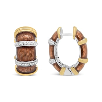 18K Two-tone Gold Over Sterling Brown Enamel 9/10ctw Diamond Huggies