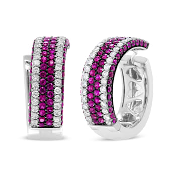18K White Gold 1 7/8 Cttw Diamond and 1mm Round Red Ruby Open Swish Hoop Earrings