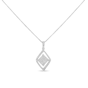 10k White Gold 1/3ctw Mixed Cut Diamond Double Triangle 18" Pendant w\chain