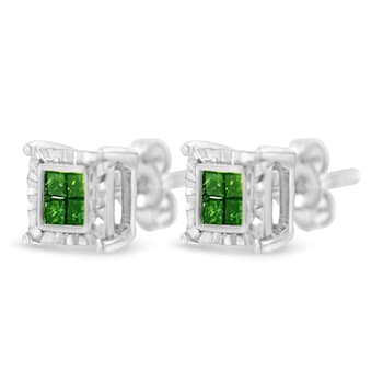 Sterling Silver Color Treated Princess Green Diamond Quad Stud Earring 1/2ctw