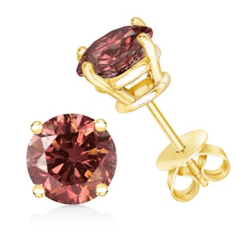 14K Yellow Gold 3/4ctw Round Brilliant-Cut Pink Diamond Solitaire Stud Earrings