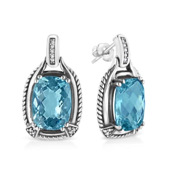 Sterling Silver 14x10MM Cushion Cut Blue Topaz Gemstone and Diamond
Accent Dangle Earrings