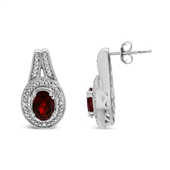 Sterling Silver Diamond Accent and 8x6mm Red Oval Garnet Stud Earrings