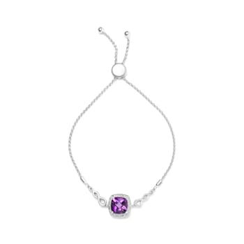 Sterling Silver Amethyst and Diamond Accent Lariat 4”-10” Adjustable
Bolo Bracelet