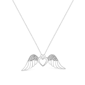.925 Sterling Silver Pave-Set Diamond Accent Angel Wing 18" Double
Heart Pendant Necklace