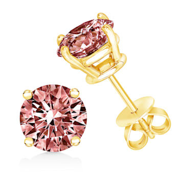 1.00ctw Round Pink Lab Grown Diamond Solitaire 14K Yellow Gold Stud Earrings