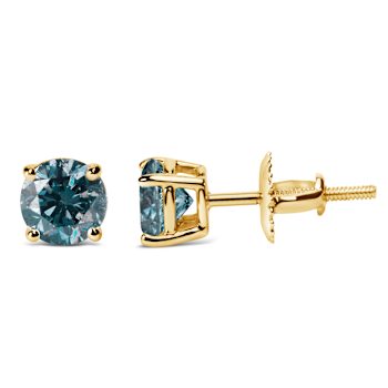 14K Yellow Gold 2.0ctw Round Lab Grown Blue Diamond Classic 4-Prong Stud
Earrings with Screw Backs