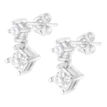 14K White Gold 1.0ctw Princess-Cut Double Diamond Drop Stud Earrings