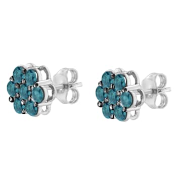 Sterling Silver Treated Blue Diamond Floral Stud Earrings 1ctw