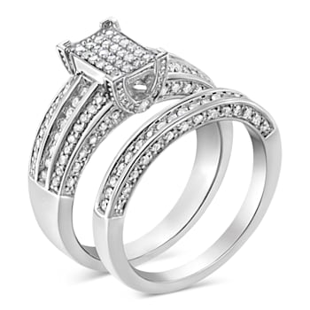 Sterling Silver 3/4ctw Round Diamond Composite Engagement Ring and Band Set