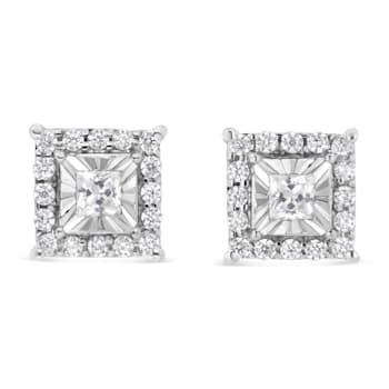 Sterling Silver 1/4ctw Princess and Round Cut Diamond Halo Stud Earrings